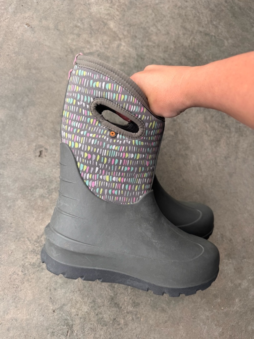 Bogs Kids Gray Boots with Multicolor Pattern
